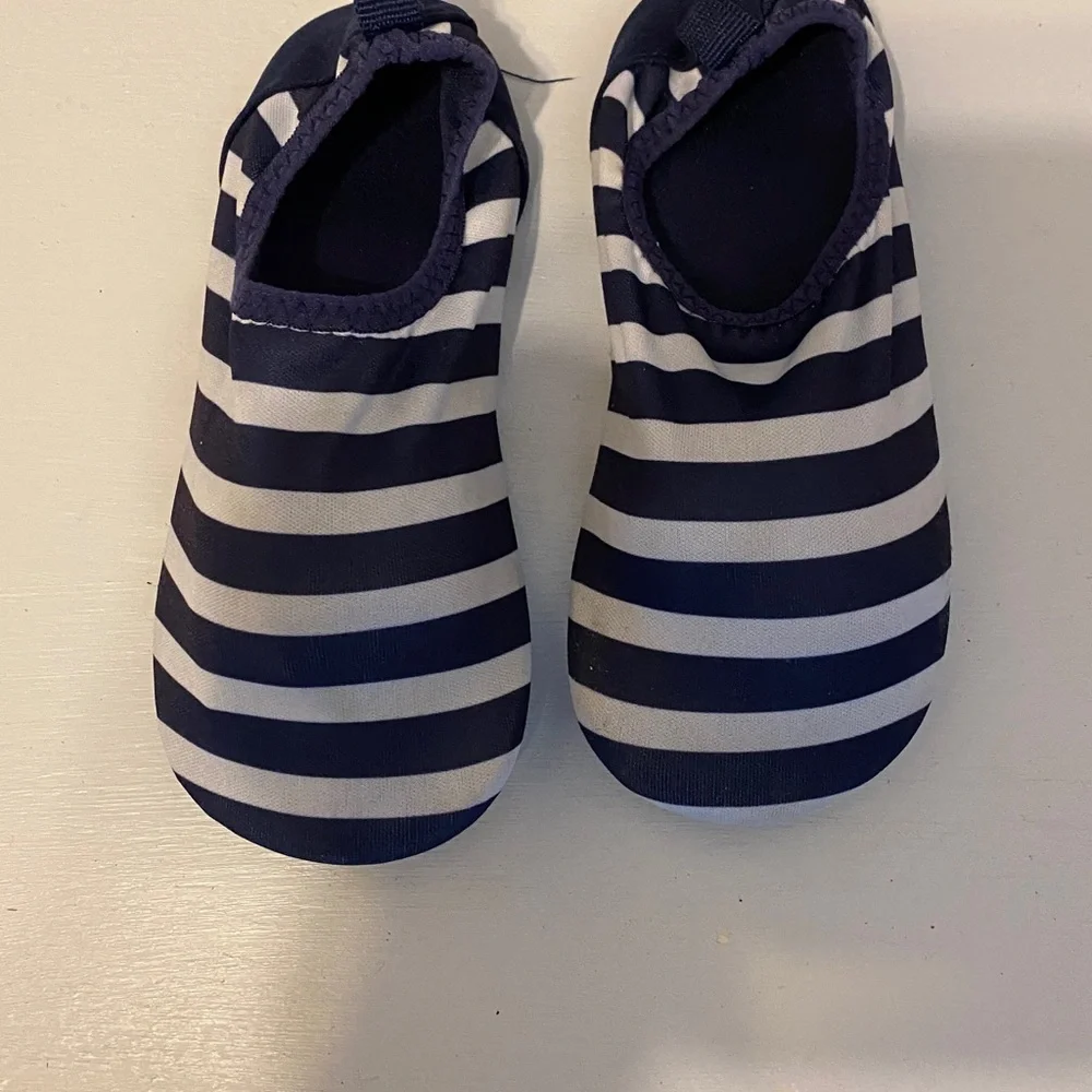 Blue and white stripe slippers, size 9 or 10
